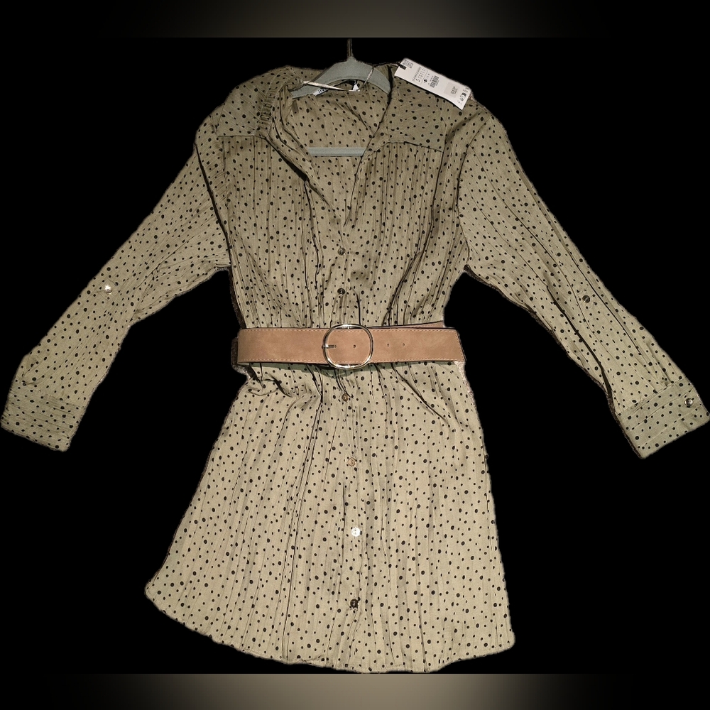 NWT Zara Olive Polka Dot Dress with Tan Belt